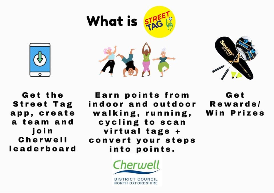 what is street tag? Get the app, earn points from around Bicester to scan virtual tags and convert your steps into points. Get rewards and win prizes.